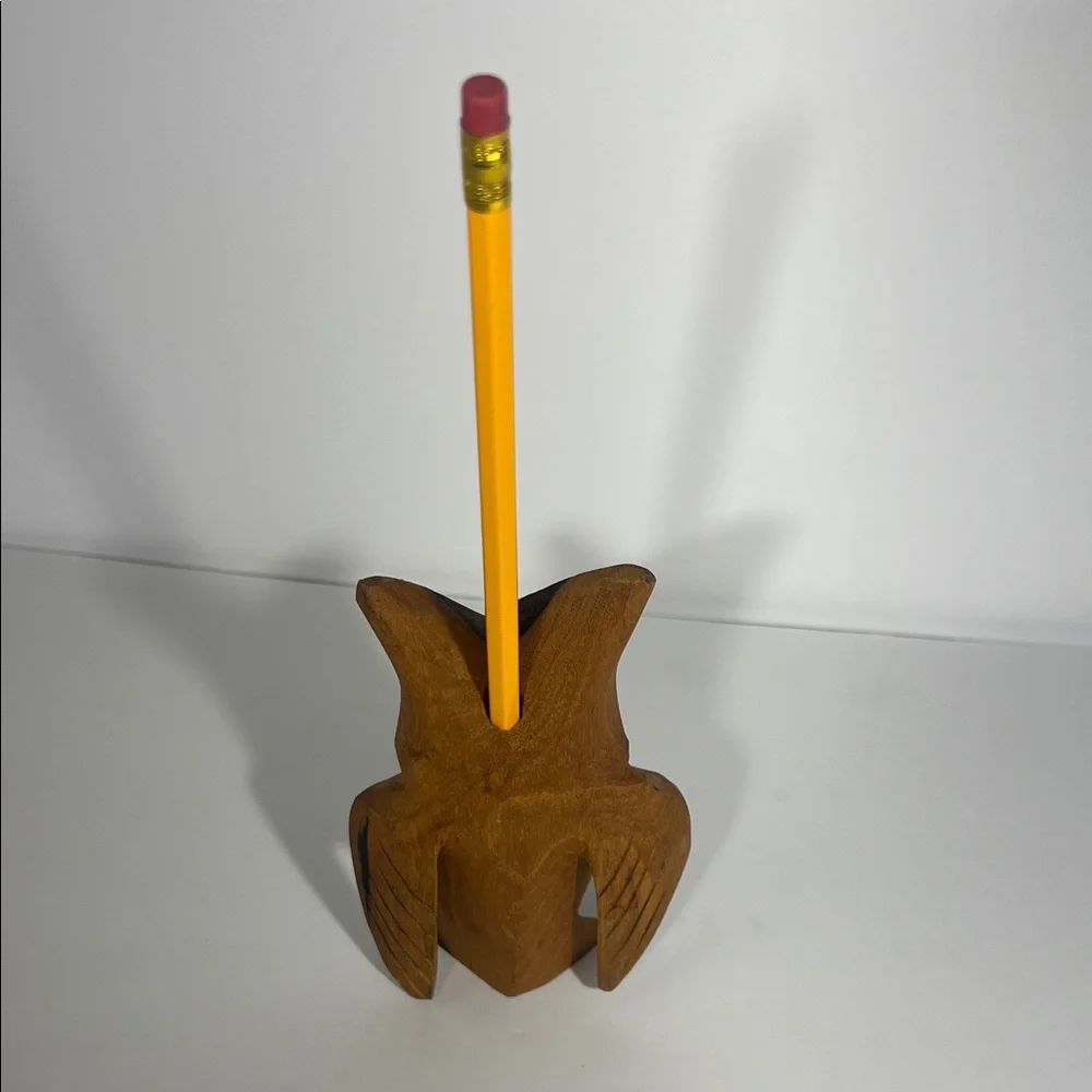 Vintage Hand Carved Wood Owl Figure Pencil Holder Desk Accessory Totem